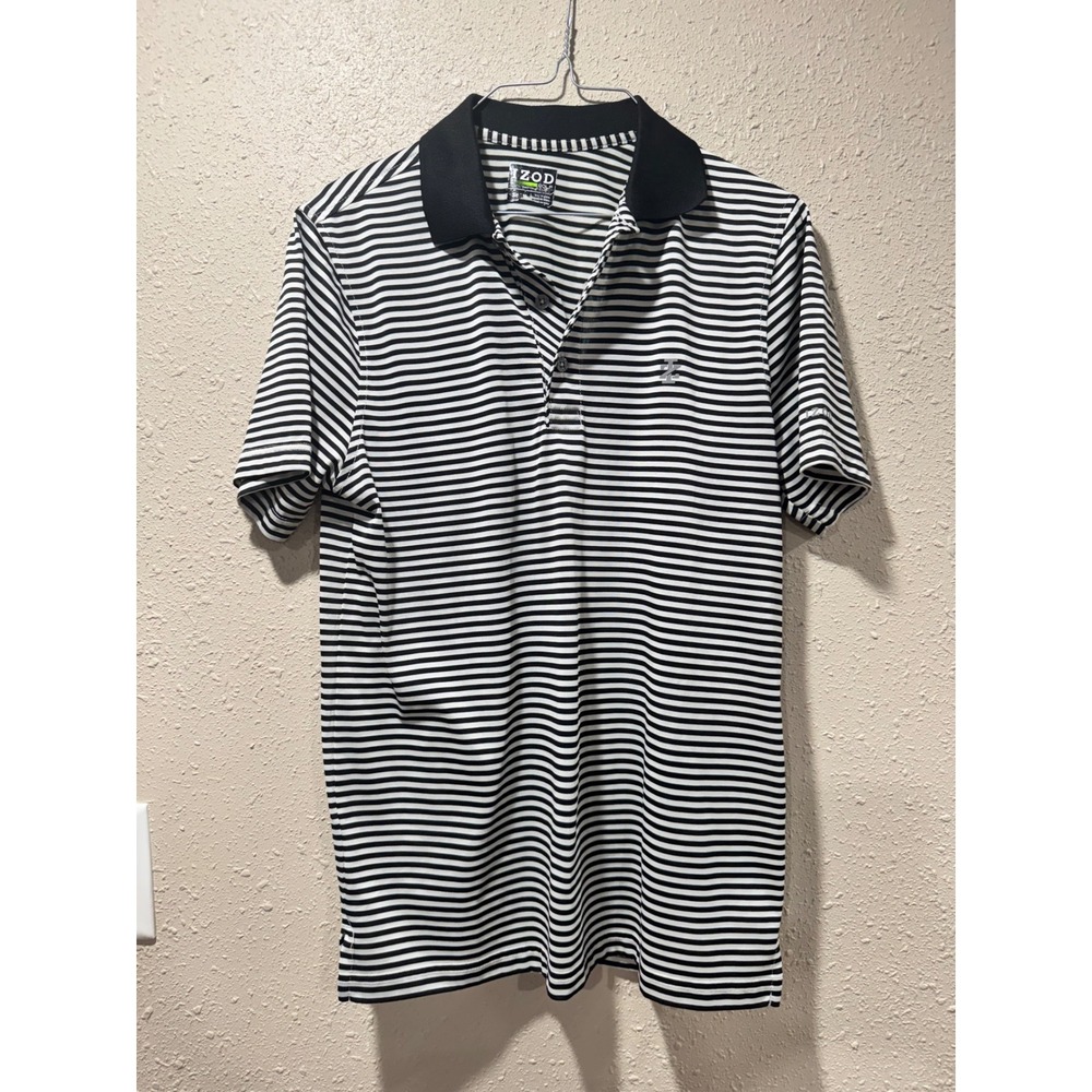 IZOD Golf Mens Small Black White Striped Performance Short Sleeve Polo Shirt